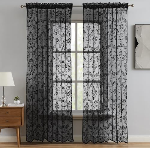 LinenZone 63 Inch Sheer Black Lace Curtains. (Fiona, 54 x 63 Black) - color: Black, size: 54"W x 63"L (Pack of 2)