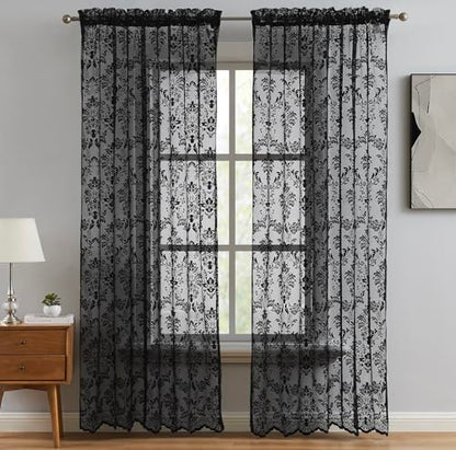 LinenZone 63 Inch Sheer Black Lace Curtains. (Fiona, 54 x 63 Black) - color: Black, size: 54"W x 63"L (Pack of 2)