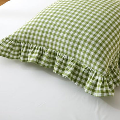 Silnuo Olive Green/White Gingham Plaid Ruffle Throw Pillow Covers 24"x24" - color: Green/White, size: 24" x 24" - Set of 2