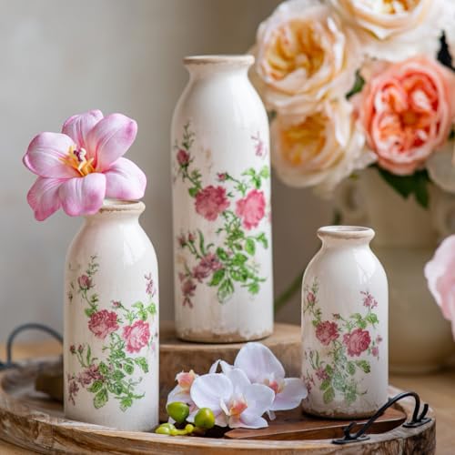 Vintage Vase Set of 3, Ceramic Vintage Flower Vases, Decorative Home Decor Retro Floral Vase Rustic Farmhouse Decor for Table Bookshelf Mantel Kitchen Living Room Office - Pink Flower - color: Pink Flora, size: set of 3