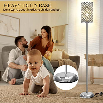 GyroVu Crystal Floor Lamp, Elegant Standing Lamp Modern Floor Lamp Silver Finish Tall Pole Lamp Accent Light with On/Off Foot Switch for Living Room, Girl Bedroom, Dresser, Office - color: Silver