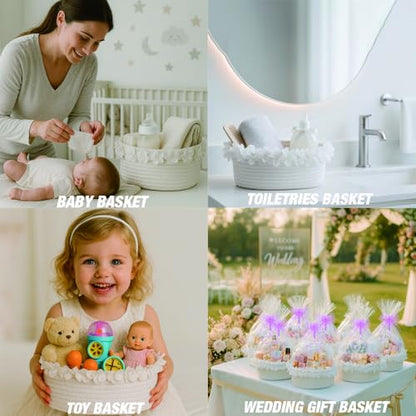 White Cotton Rope Gift Basket with Organza Lace, 12 x 8 in - color: white with lace, size: Oval - 12"x8"x5"
