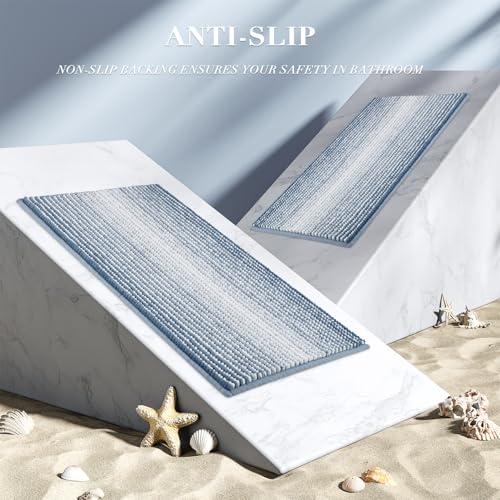 BSICPRO Bathroom Rugs Sets 2 Piece, Non Slip Striped Bath Mats, Fog Blue - color: Fog Blue, size: 20" x 32" Plus 16" x 24"
