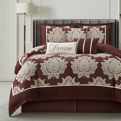 LANCO MODERN LIFESTYLE Burgundy Queen Comforter Set 7 Pieces, Jacquard Woven with Damask, Bedding Set in a Bag Includes Comforter, Bed Skirt, Pillow Shams, and Decorative Pillows - color: Burgundy, size: Queen