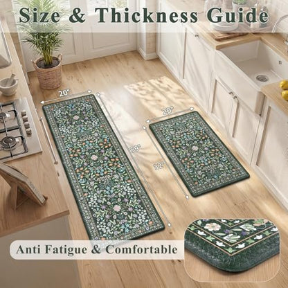 Yamaziot Boho Anti Fatigue Kitchen Rug Set of 2 Green, Non-Slip Kitchen Mat - color: Green & Black, size: 20"x32"+20"x59"