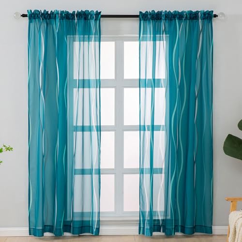 L.Z.E Teal and White Sheer Curtains 63 Inch Length for Living Room 2 Panels Set, Short Voile Sheer Curtains & Drapes for Bedroom Dining Room, Rod Pocket Wave Pattern Window Sheers (55W x 63L) - color: (Rod Pocket) Teal White, size: 55"W x 63"L (Pack of 2)