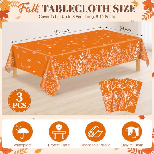 3 Pcs Fall Plastic Tablecloths, 54 X 108 Inch Orange Line Floral Tablecloth - color: Fall Floral