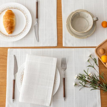 Linen Checked Placemats Set of 6, White Rustic Place Mats 12x18 Inch - color: White, size: 12×18 Inch (Set of 6)