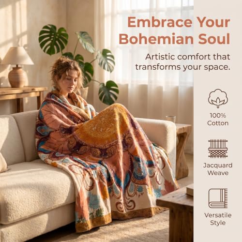 Boho Throw Blanket Reversible Cotton Woven Muslin Quilt Lightweight Summer Throw Blankets 60"x80" Super Soft Floral Printed Blanket Throws for Couch Sofa Bed Farmhouse Decor