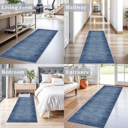 2x6ft Non-Slip Washable Kitchen Rug - Modern Carpet Runner for Hallway,Bedroom Bedside,Laundry Room,Entryway with Rubber Backing – Abstract Neutral Low-Pile Thin (Navy Blue,2x6) - color: Navy Blue, size: 2' x 6' (Rectangular)