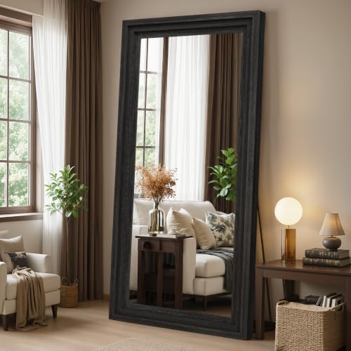 Wood Full Length Mirror 76"x34", Large Solid Wood Frame Floor Mirror - color: Black, size: 76"L x 34"W