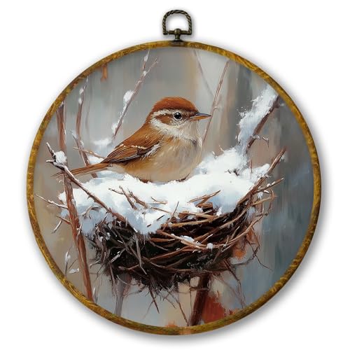 Mcehtle Winter Bird Wall Art Decor, Cozy Winter Cottagecore Framed Canvas Prints 10x10, Rustic Nature Snowy Wildlife Bird Round Wall Hanging Artwork Decorations for Home Bedroom Living Room - color: Colour 02