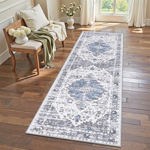 Ileading Washable Hallway Runner Rugs, 2x6 Non Slip Runners Area Rug for Entryway Kitchen Bathroom Bedroom Laundry Living Room, Long Narrow Low-Pile Floor Carpet Boho Vintage Throw Mat for Kids Room ﻿ - color: Grey, size: 2' x 6' (Rectangular)