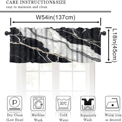 Vinatge Marble Kitchen Valance, Abstract Luxury White Black Texture Print Blackout Rod Pocket Short Window Curtain for Cafe Bedroom Living Room, 54x18inch - color: Marble-26