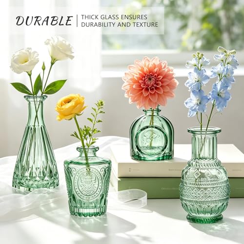 SUPMIND 6pcs Glass Bud Vase Bulk, Small Green Flower Vases for Centerpieces - color: Green