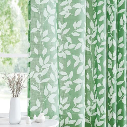 Leaf Print Semi Sheer Curtains 95" Green White Bedroom Drapes Panels 2pk - color: Green, size: 52"W x 95"L (Pack of 2)