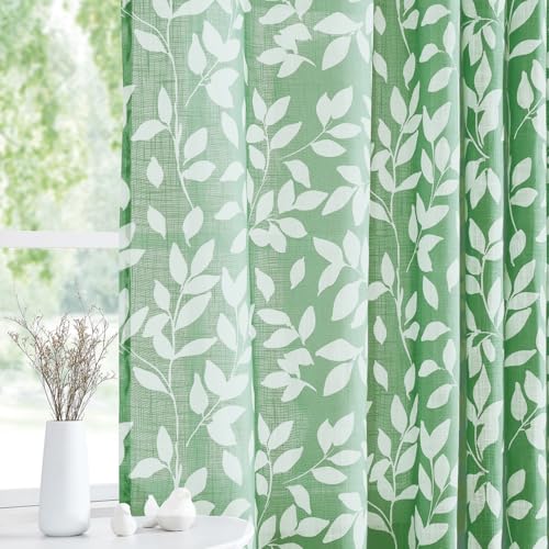White Green Print Curtains for Living Room 54"Olive Semi Sheers 2pk - color: Green, size: 52"W x 54"L (Pack of 2)