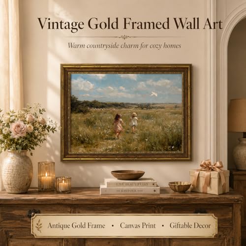 Vintage Gold Framed Wall Art, Girls Flying Kite Canvas Print, 16x12 In - color: Framed-girl, size: 16"L x 12"W