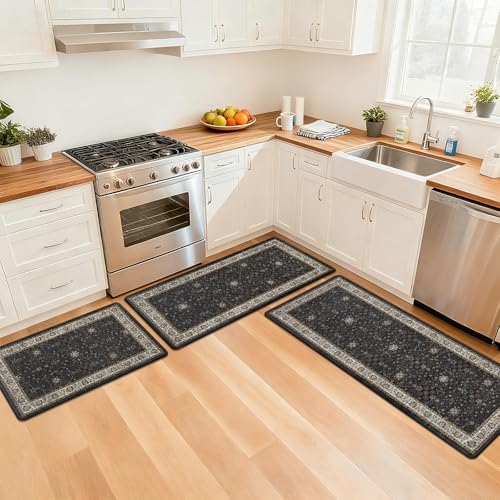 Pauwer Anti Fatigue Kitchen Floor Mats Set of 3, Cushioned Rugs, Black - color: Black