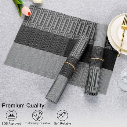 Placemats Set of 6, Vinyl Woven Heat-Resistant Place Mats - color: Gray Black, size: Set of 6