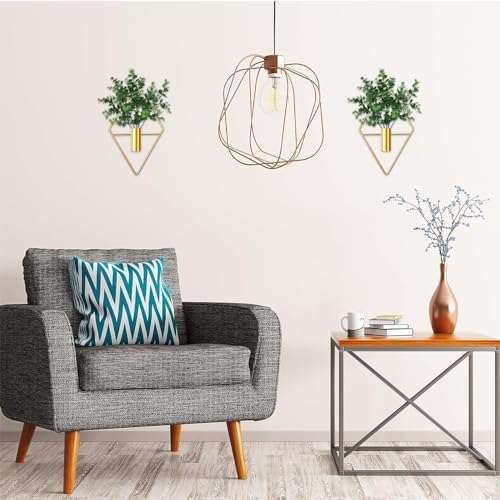 2 Pieces Diamond Shape Hanging Planters with Artificial Eucalyptus Plants Metal Vase Indoor Holder Modern Geometric Wall Decor for Home Living Room (Gold)