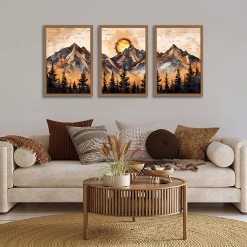 Geometric Mountain Wall Art Set of 3, Abstract Sunset Canvas Prints - color: GeometricMountain, size: 12x16 Inches
