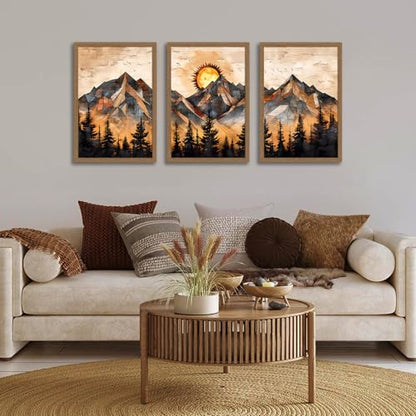 Geometric Mountain Wall Art Set of 3, Abstract Sunset Canvas Prints - color: GeometricMountain, size: 12x16 Inches