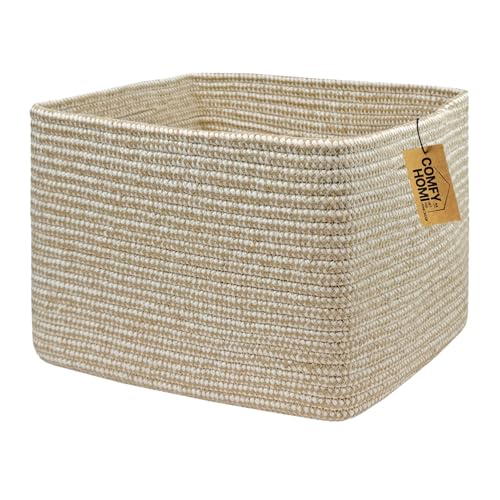 COMFY-HOMI Cotton Rope Woven Basket with Handles for Shelves,Toys,Book, Cloth Storage Baskets Bin for Organizing- 1 PCSToy Decorative Organizer for Living Room, Bathroom - color: Camel/White, size: 13.5"X11"X9.5"