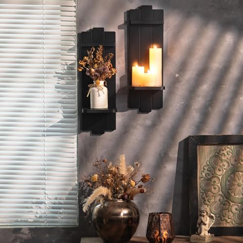 Large Black Wood Wall Candle Sconces: 19.7" Floating Shelf Design - color: Black, size: 19.7in x 6.3in