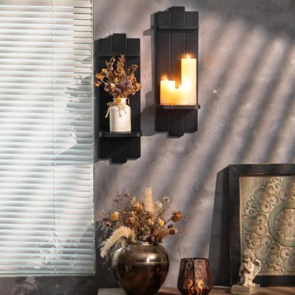 Large Black Wood Wall Candle Sconces: 19.7" Floating Shelf Design - color: Black, size: 19.7in x 6.3in
