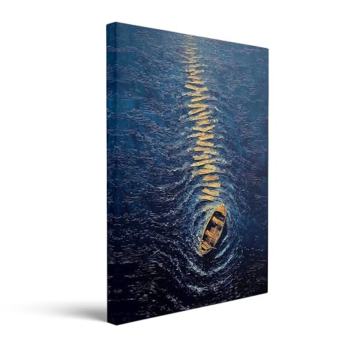 Canvas Wall Art Night Ocean Framed Style Golden Boat Reflection 16x24 Inch - color: A quiet little boat, size: 24"L x 16"W