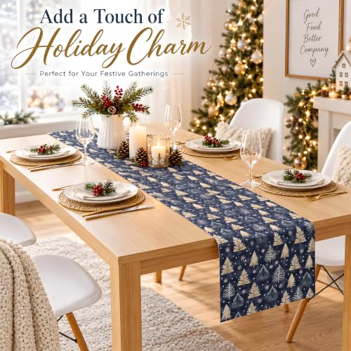 Christmas Decorations - Navy Blue Xmas Tree Snowflake Winter Table Runner - color: Xmas Tree Snowflake