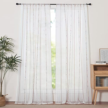 pureaqu Boho Striped Sheer Curtains Pompom Semi Sheer Drape 1PC W39 x L63