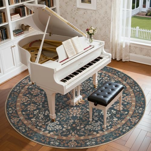 jinchan 8ft Washable Round Area Rug, Vintage Floral, Dark Blue - color: Dark Blue, size: 8' (Round)