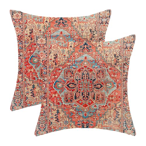 Boho Pillow Covers 18x18 Set of 2, Bohemian Carpet Pattern Red Decorative Throw Pillows Vintage Farmhouse Outdoor Farmhouse Pillows for Sofa Couch Bedroom Decor - color: Red, size: 18" x 18" (Pack of 2)