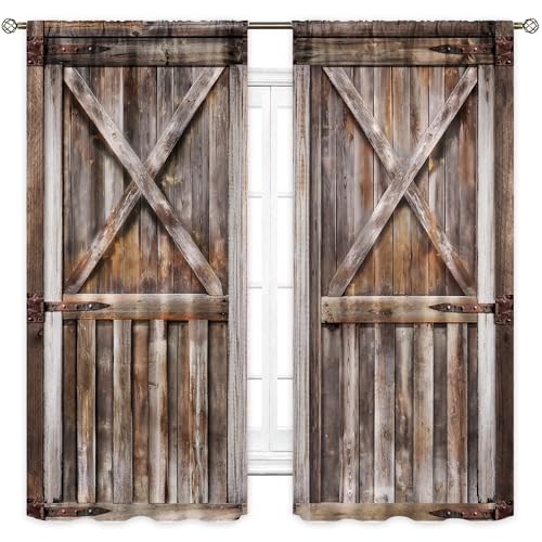 Rustic Barn Door Brown Wooden Farmhouse Living Room Bedroom Window Curtains - color: E-brown, size: 42"W x 63"L (Pack of 2)