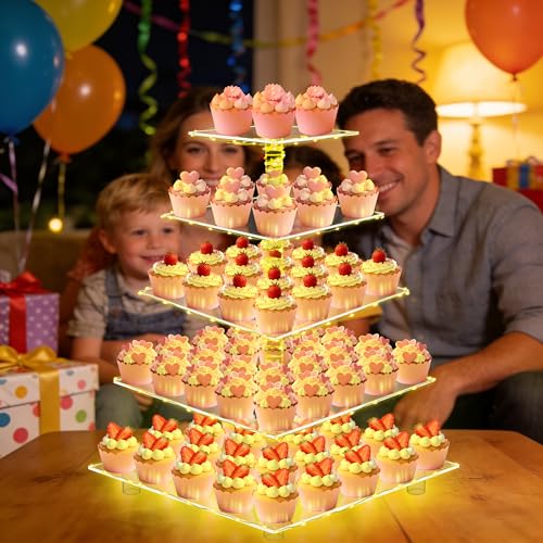 YestBuy 5 Tier Cupcake Stand for 60 Cupcakes with Yellow Lights - color: Yellow, size: 5 Tier Square