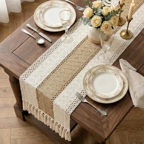Boho Macrame Table Runner with Tassels 36in Brown Farmhouse Runner - color: White & Brown, size: 12'' x 36''