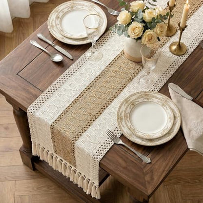 Boho Macrame Table Runner with Tassels 48in Brown Farmhouse Runner - color: White & Brown, size: 12'' x 48''