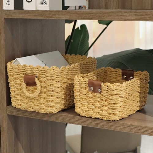 QINGTUHONE Woven Paper Rope Wicker Basket for Organizing(Set of 3,Desert) - color: Desert color