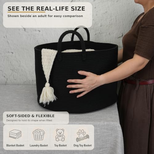 XUANGUO 66L Large Blanket Basket, Round Cotton Rope Basket, Black - color: black