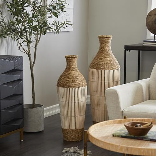 Deco 79 Seagrass Handmade Decorative Vase Wrapped Tall Centerpiece Vase with Cream Slatted Bamboo Center, Vase for Home Decoration 11" x 11" x 32", Brown - size: 11" x 11" x 32"