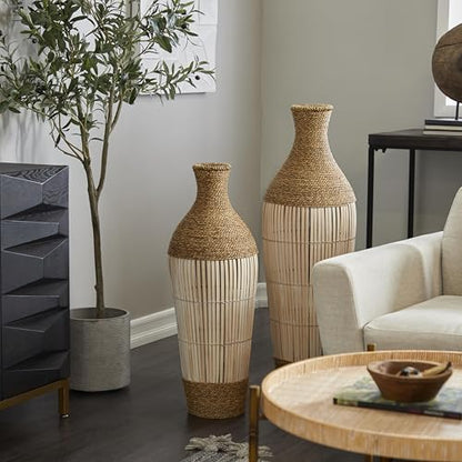 Deco 79 Seagrass Handmade Decorative Vase Wrapped Tall Centerpiece Vase with Cream Slatted Bamboo Center, Vase for Home Decoration 11" x 11" x 32", Brown - size: 11" x 11" x 32"