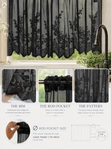 Molaxhome Kitchen Curtains Valance Black Lace Floral Semi Sheer Curtain - color: Black, size: 54"W x 24"L (Pack of 1)