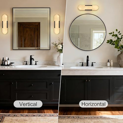 Alabaster Wall Sconces Set of 2, 13.8" Black Natural Marble Wall Sconce, Hardwired Bathroom Vanity Lights, Modern Indoor Wall Lighting for Bedroom, Living Room