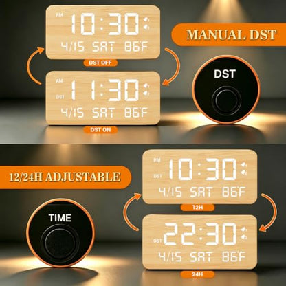 Andoolex Wooden Digital Alarm Clock with Wireless Charging, 0-100% Adjustable Brightness Dimmer and Alarm Volume, Weekday/Weekend Mode, Dual Alarm, Snooze, 12/24H, Wood LED Clock for Bedroom (Bamboo) - color: Bamboo
