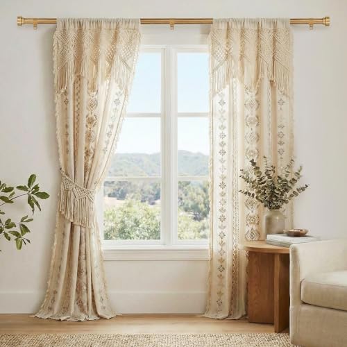 Boho Wood Curtain Rods for Windows 48 to 84 Inch, 1" Adjustable Heavy Duty Curtain Rod with Imitation Wooden Grain Finials, Rustic Farmhouse Modern Style Decorative Drapery Rods, Size 32"-90" - color: Wood Grain, size: 32" to 90"