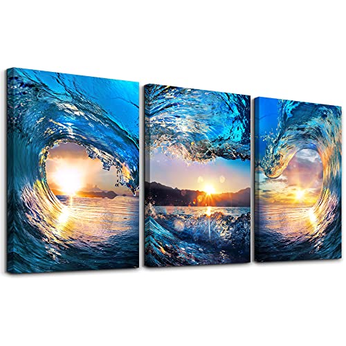 DZRWUBHS Canvas Wall Art For Living Room Bedroom Office - Blue Sea View Sunrise Ocean Waves - 3 Piece Set - 16" X 24" Large Size - color: Ocean Waves Paintings, size: 16x24inches*3pcs