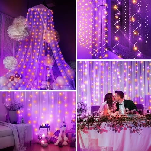 Minetom Halloween Curtain Lights, 300 LEDs Twinkle Fairy Lights, 8 Modes - color: Orange & Purple, size: 1 Pack