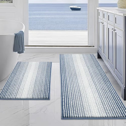 BSICPRO Bathroom Rugs Sets 2 Piece, Non Slip Striped Bath Mats, Fog Blue - color: Fog Blue, size: 20" x 47" Plus 16" x 24"